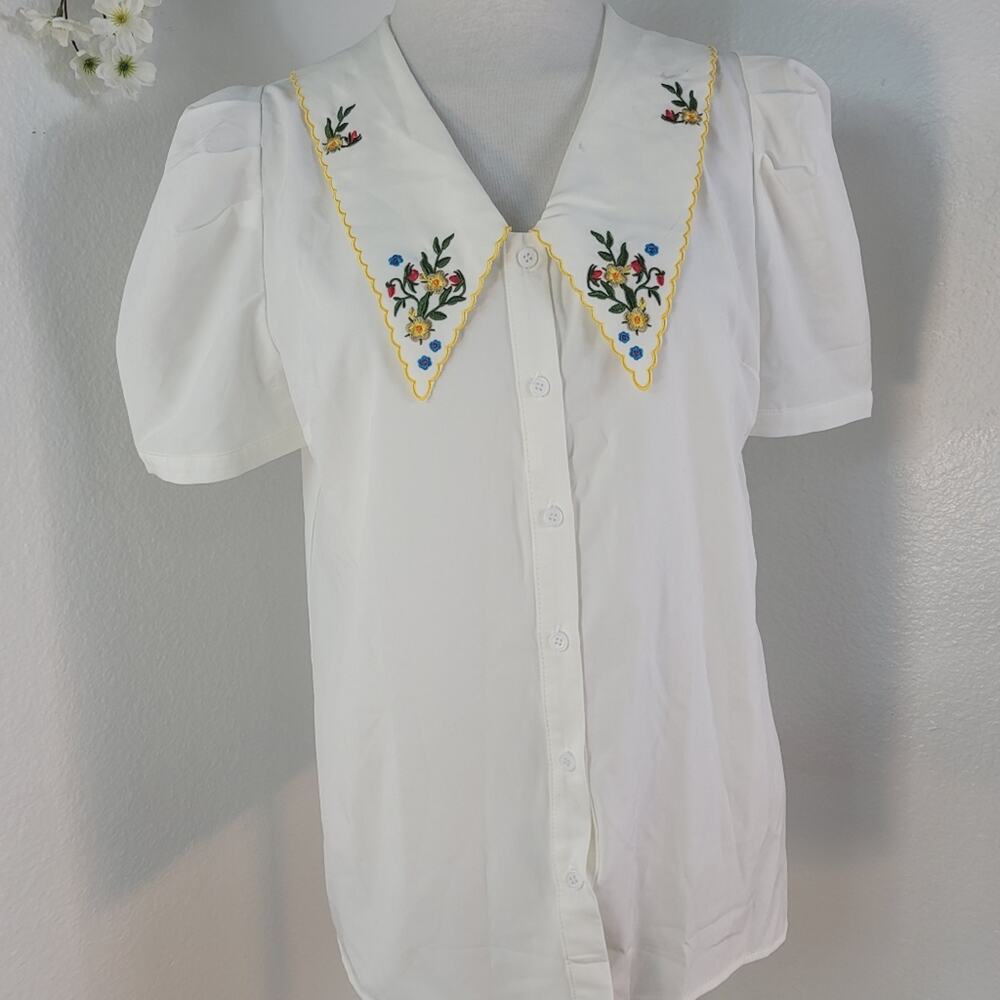 BELLE POQUE Vintage White Peter Pan Embroidered Blouse Puff Sleeve Elegant Retro - Picture 4 of 16